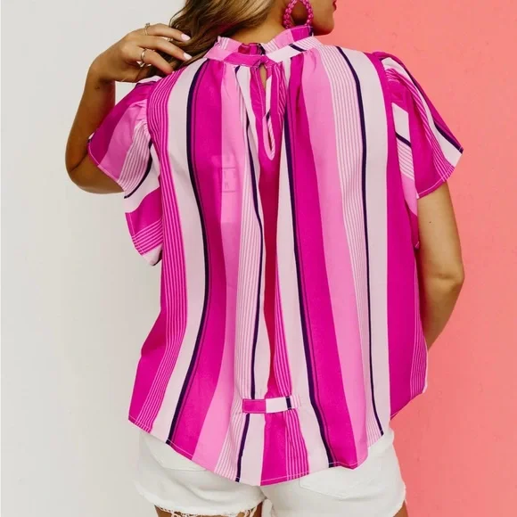 THML Blouse Women’s Sz M Davis Striped Pink/Purple Feminine Chic Summer NWT - Picture 8 of 10